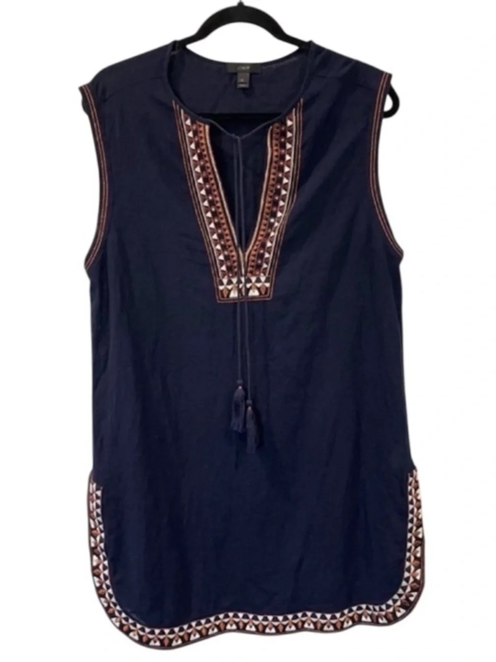 J. Crew Swim Coverup Medium Navy Blue Gauzy Cotton Embroidered Pullover Tassel